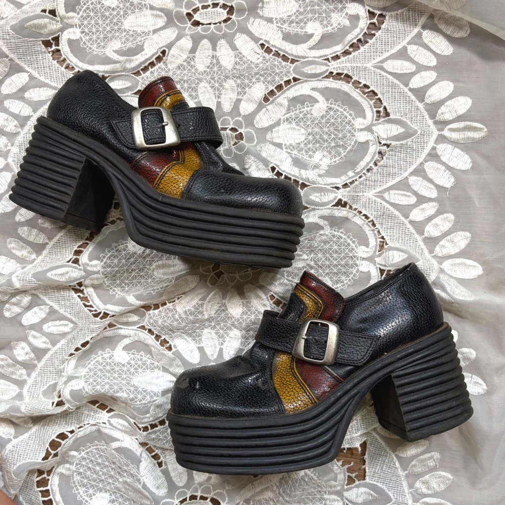 Insane Rare Vintage 90s Chunky Platform Loafers Black Red Yellow Buckle Size 7-8
